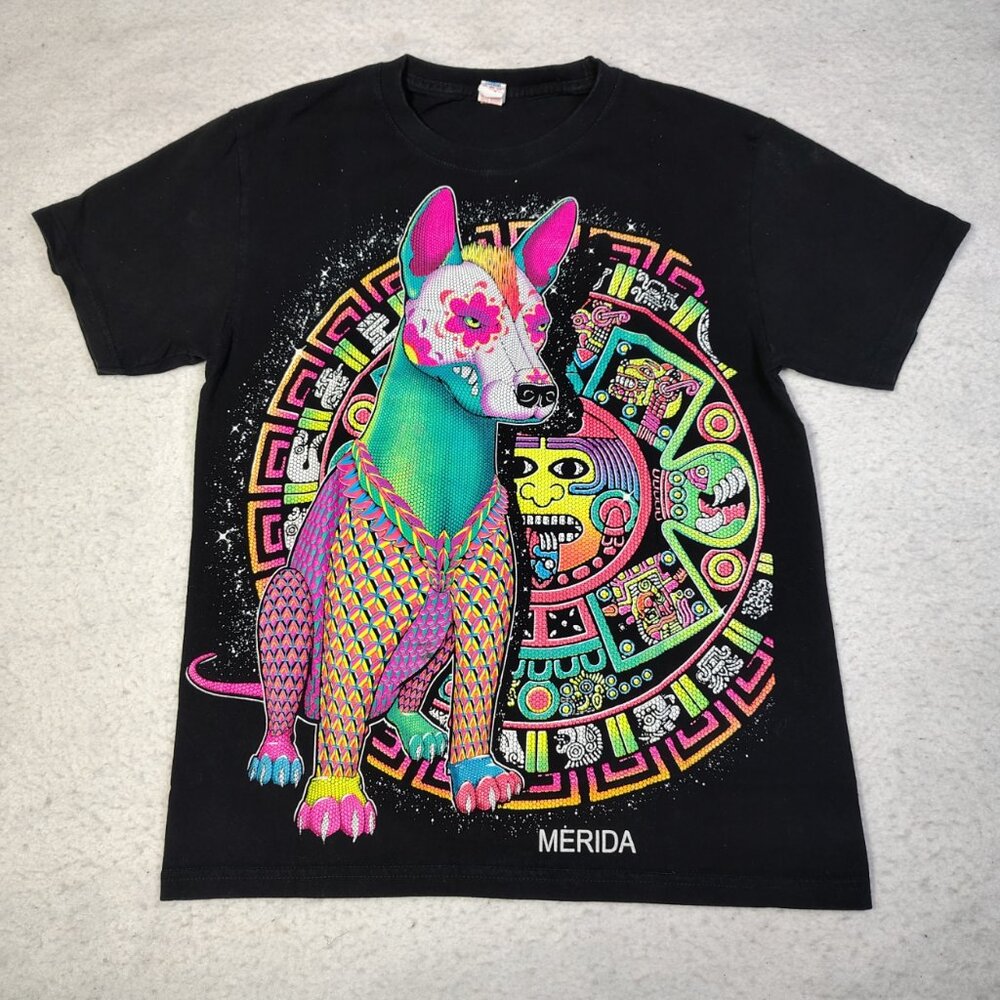 VTG Xoloitzcuintli Xolo T-Shirt Size Medium Black‎ Neon Mexican Aztec Dog Merida